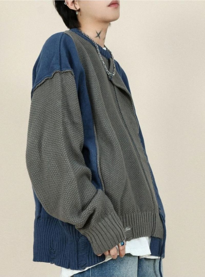 Mrnearly Men's Spliced Distressed Knit Sweater - Harajuku Street Wear