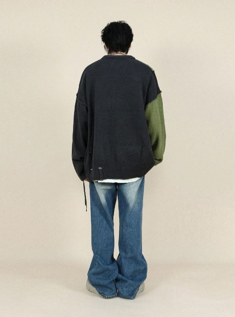 Mrnearly Men's Spliced Distressed Knit Sweater - Harajuku Street Wear