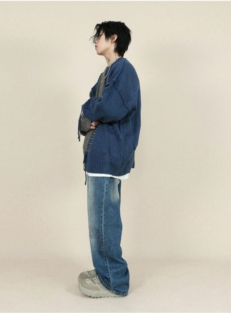 Mrnearly Men's Spliced Distressed Knit Sweater - Harajuku Street Wear