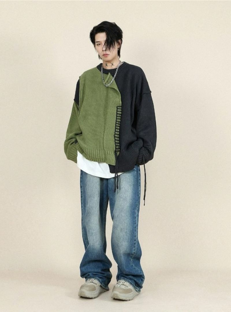 Mrnearly Men's Spliced Distressed Knit Sweater - Harajuku Street Wear