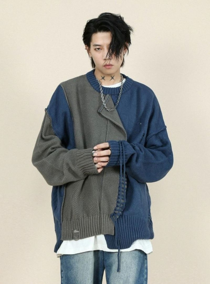 Mrnearly Men's Spliced Distressed Knit Sweater - Harajuku Street Wear