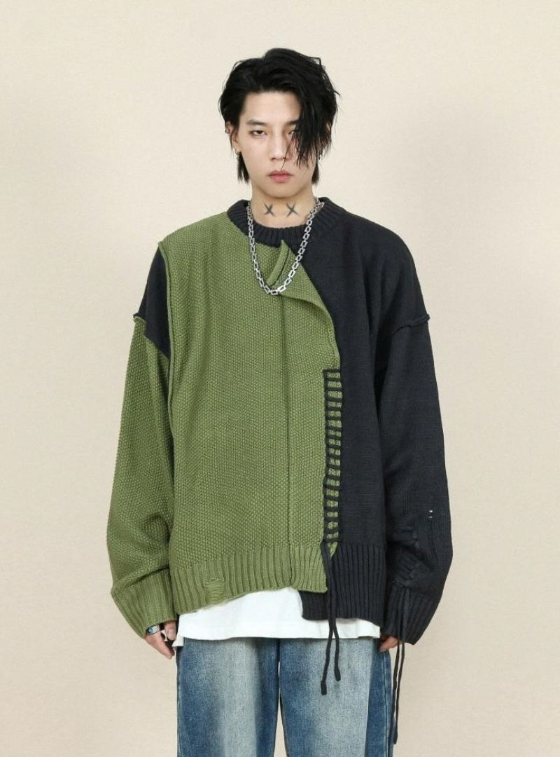Mrnearly Men's Spliced Distressed Knit Sweater - Harajuku Street Wear