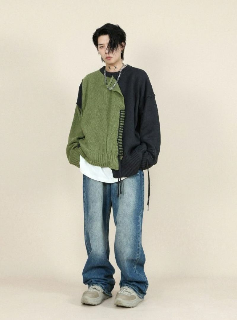 Mrnearly Men's Spliced Distressed Knit Sweater - Harajuku Street Wear