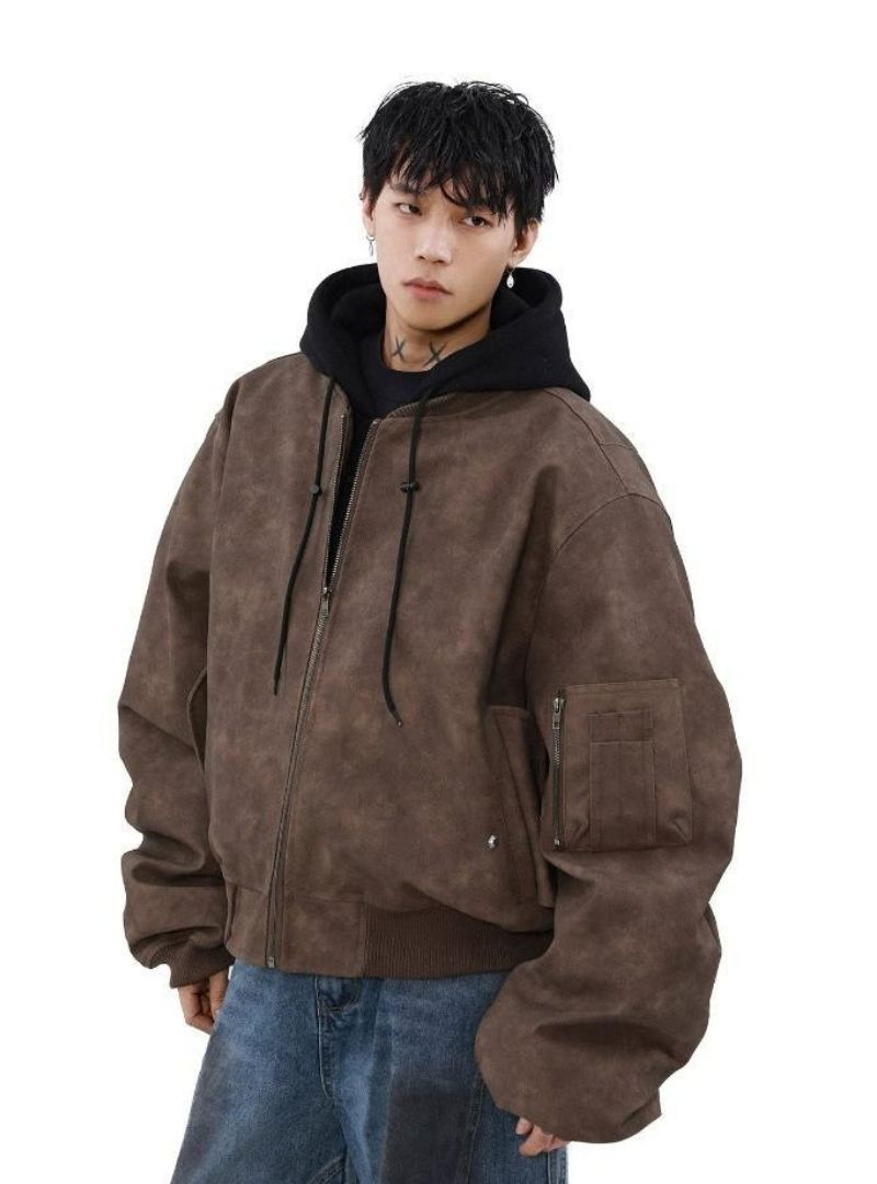 Mrnearly Men's Vintage Faded Bomber Jacket - Harajuku Street Wear