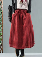 Sophia - Women Plus Size Elastic Waist Calf Length Spring Corduroy Skirt