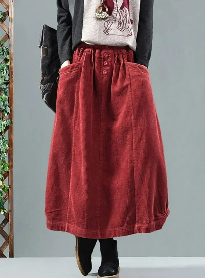 Sophia - Women Plus Size Elastic Waist Calf Length Spring Corduroy Skirt