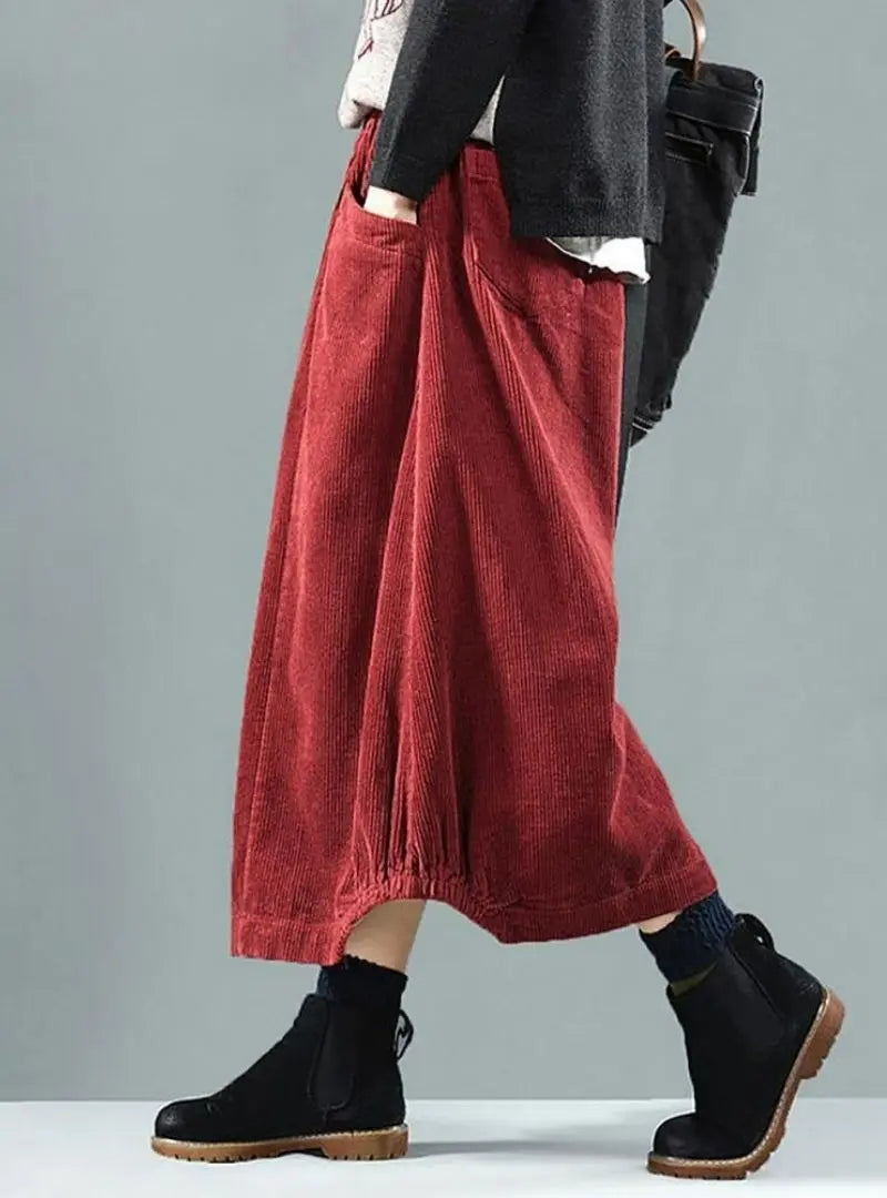 Sophia - Women Plus Size Elastic Waist Calf Length Spring Corduroy Skirt