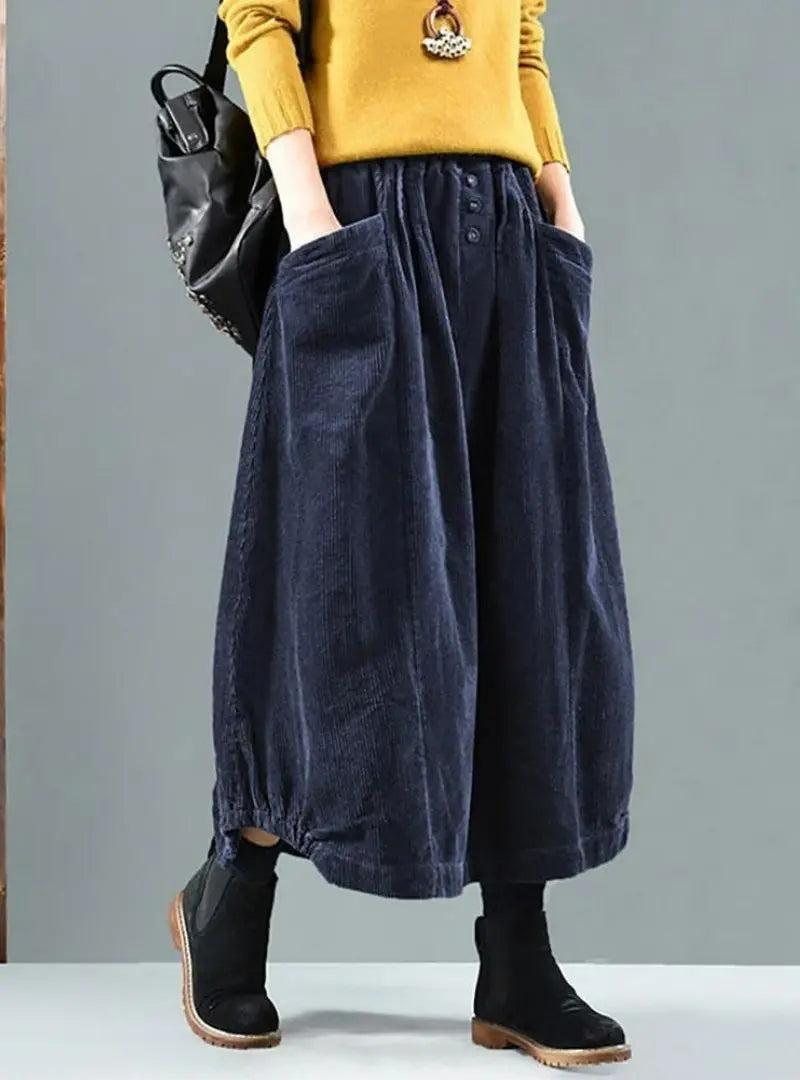 Sophia - Women Plus Size Elastic Waist Calf Length Spring Corduroy Skirt