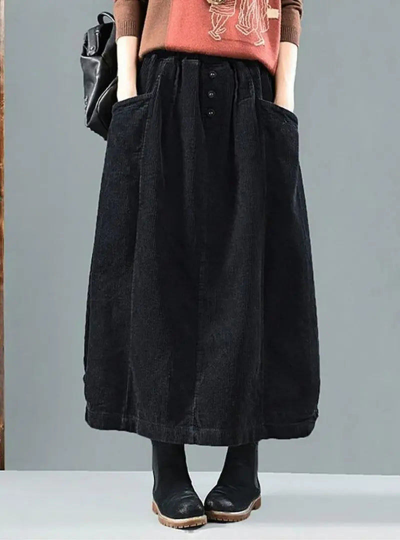 Sophia - Women Plus Size Elastic Waist Calf Length Spring Corduroy Skirt