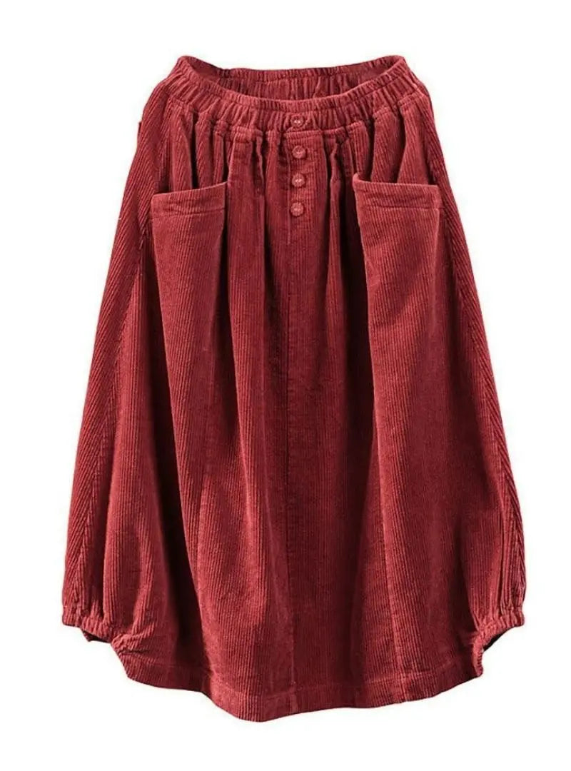 Sophia - Women Plus Size Elastic Waist Calf Length Spring Corduroy Skirt
