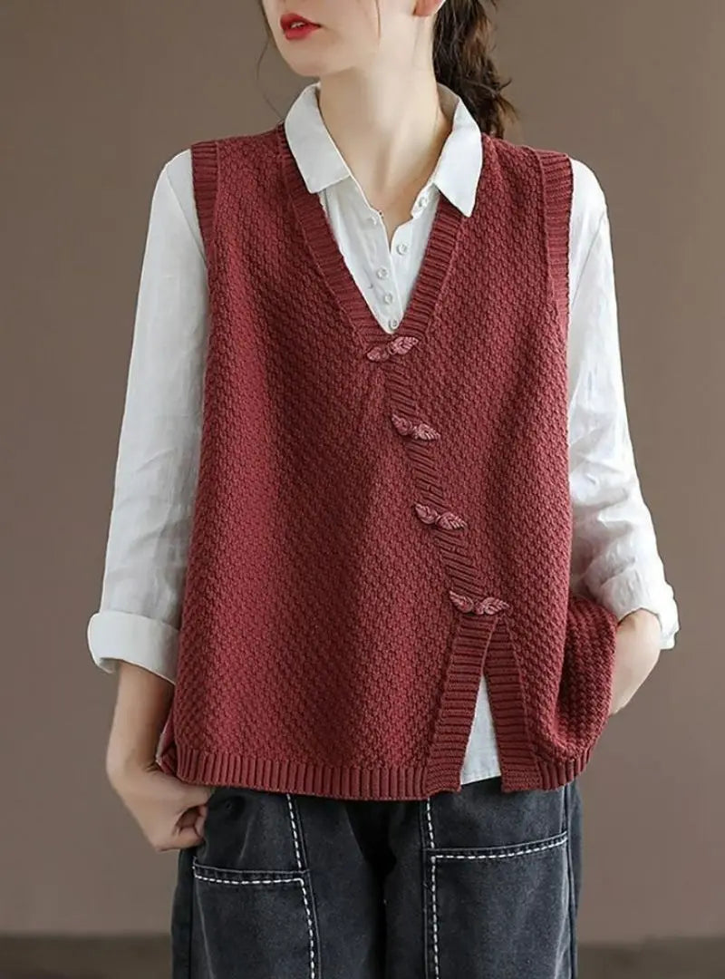 Charlotte - Plus Size Women's Artisan Cotton Knitted Vest - Flattering V-Neck Button Sweater Vest with Asymmetric Hem