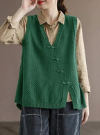 Charlotte - Plus Size Women's Artisan Cotton Knitted Vest - Flattering V-Neck Button Sweater Vest with Asymmetric Hem