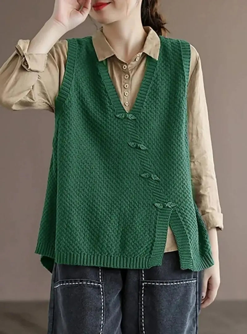 Charlotte - Plus Size Women's Artisan Cotton Knitted Vest - Flattering V-Neck Button Sweater Vest with Asymmetric Hem