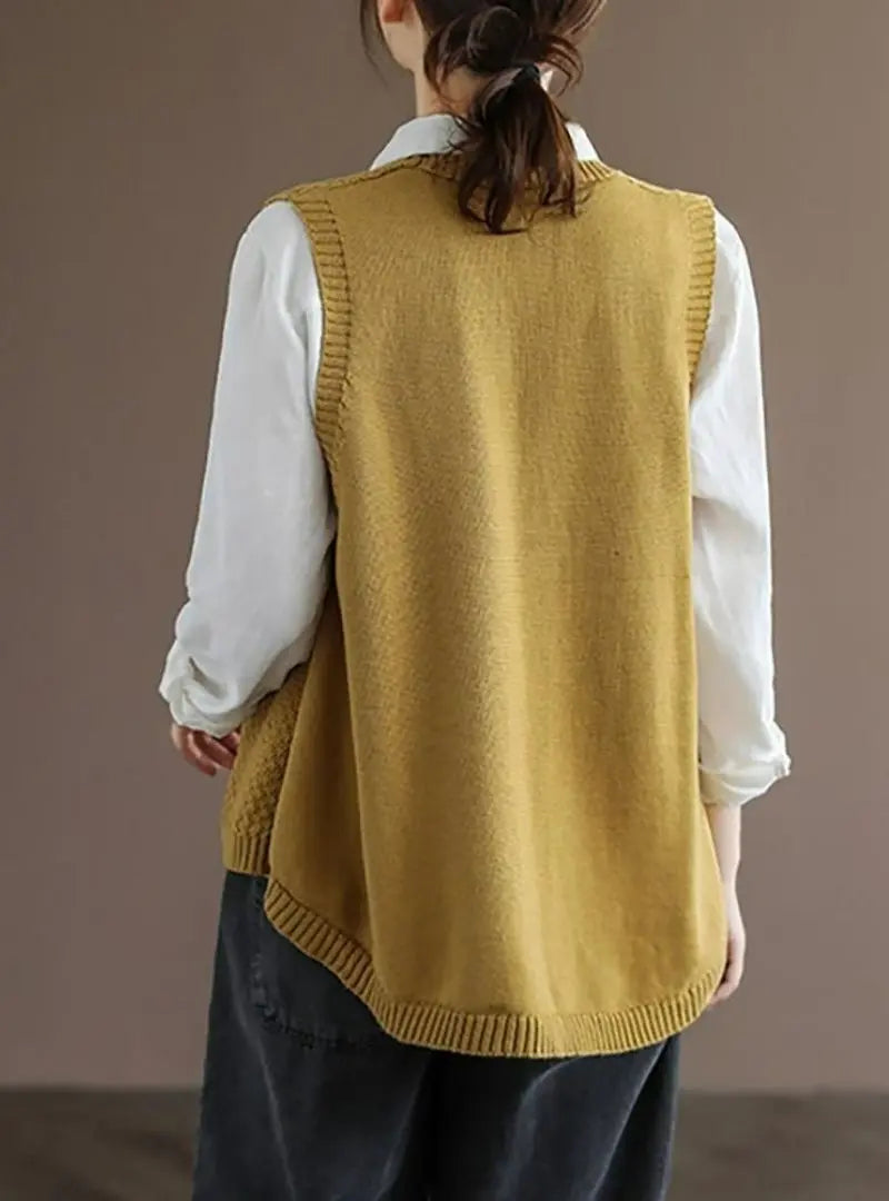 Charlotte - Plus Size Women's Artisan Cotton Knitted Vest - Flattering V-Neck Button Sweater Vest with Asymmetric Hem