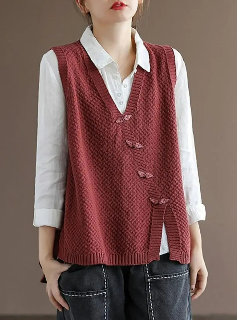 Charlotte - Plus Size Women's Artisan Cotton Knitted Vest - Flattering V-Neck Button Sweater Vest with Asymmetric Hem
