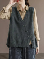 Charlotte - Plus Size Women's Artisan Cotton Knitted Vest - Flattering V-Neck Button Sweater Vest with Asymmetric Hem