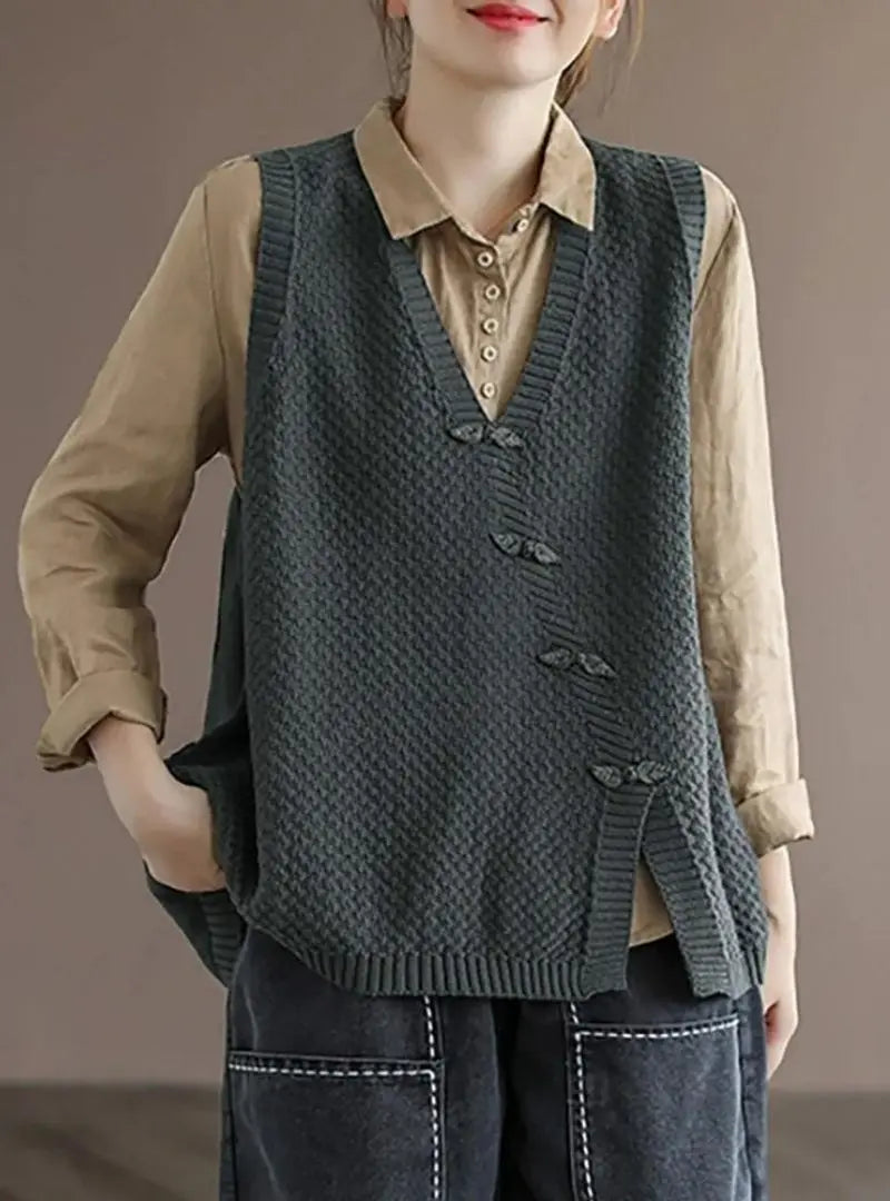 Charlotte - Plus Size Women's Artisan Cotton Knitted Vest - Flattering V-Neck Button Sweater Vest with Asymmetric Hem