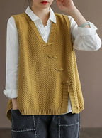 Charlotte - Plus Size Women's Artisan Cotton Knitted Vest - Flattering V-Neck Button Sweater Vest with Asymmetric Hem