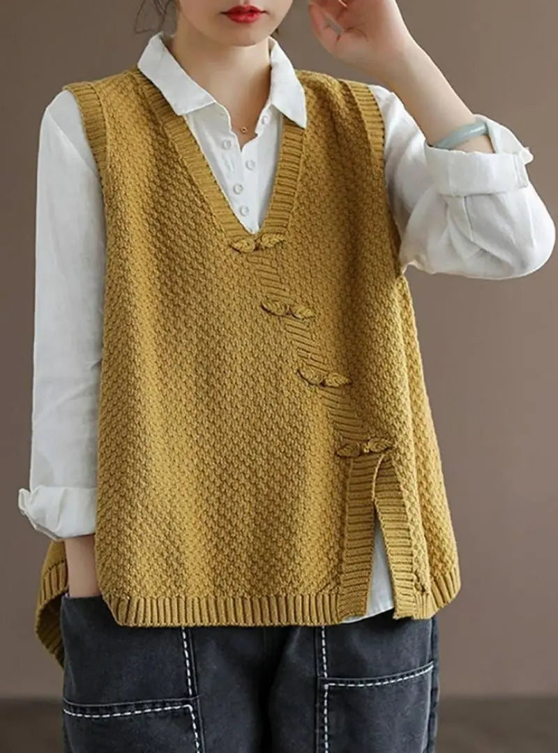 Charlotte - Plus Size Women's Artisan Cotton Knitted Vest - Flattering V-Neck Button Sweater Vest with Asymmetric Hem