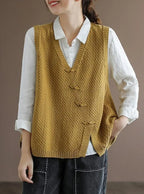 Charlotte - Plus Size Women's Artisan Cotton Knitted Vest - Flattering V-Neck Button Sweater Vest with Asymmetric Hem