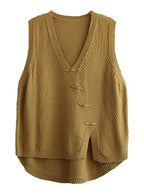 Charlotte - Plus Size Women's Artisan Cotton Knitted Vest - Flattering V-Neck Button Sweater Vest with Asymmetric Hem