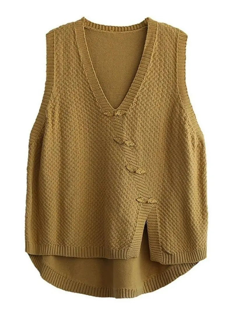 Charlotte - Plus Size Women's Artisan Cotton Knitted Vest - Flattering V-Neck Button Sweater Vest with Asymmetric Hem