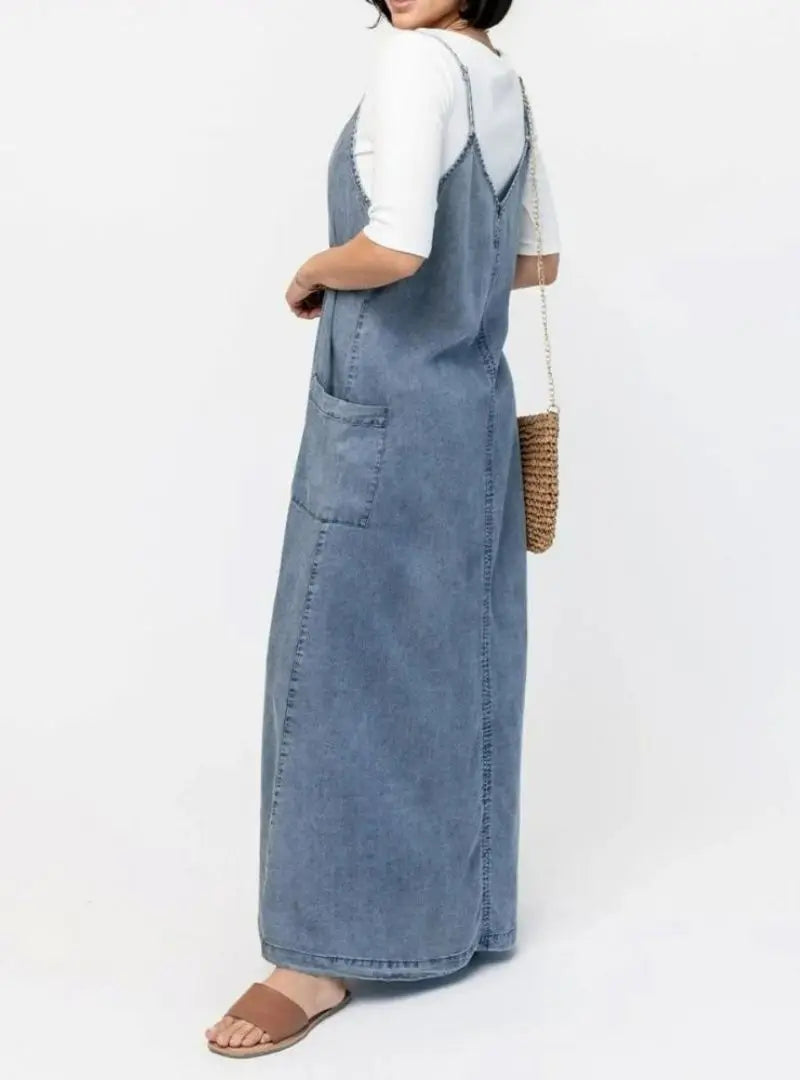Vintage-Inspired Loose Fit Denim Maxi Dress