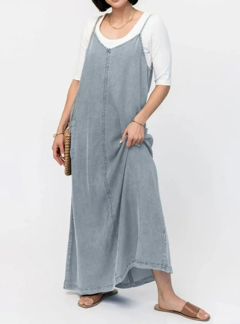 Vintage-Inspired Loose Fit Denim Maxi Dress