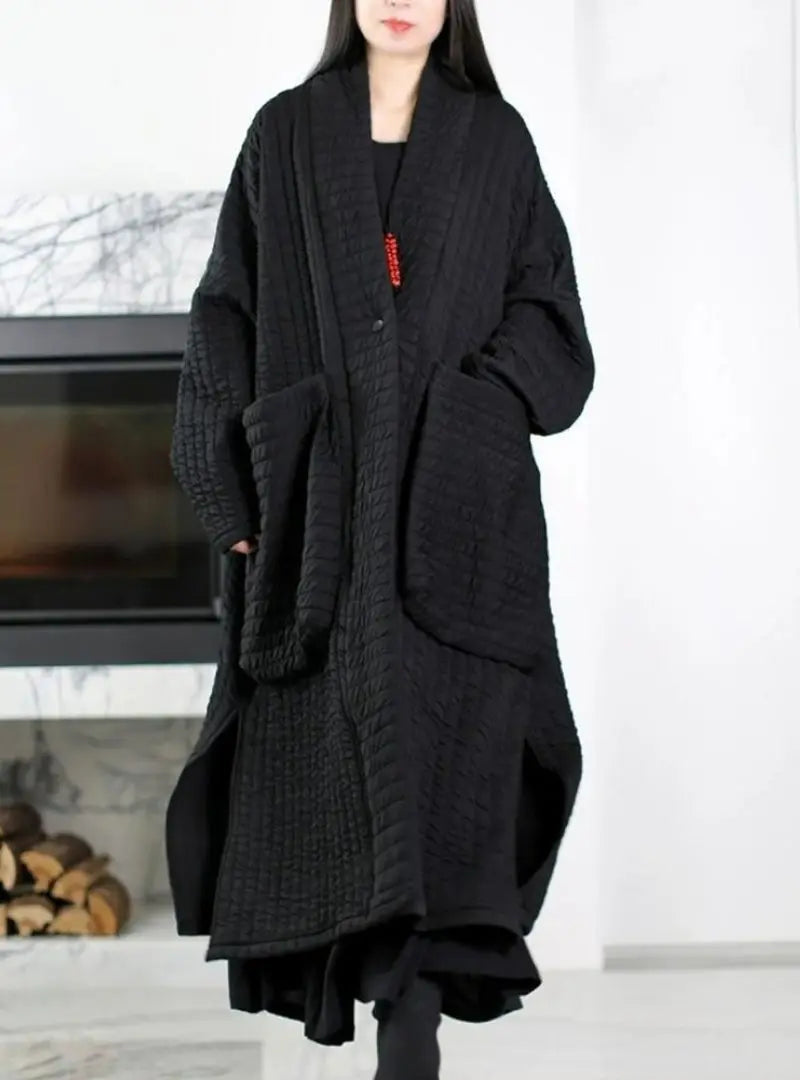 Emma - Plus Size Women Autumn Pure Color V-Neck Padded Long Coat