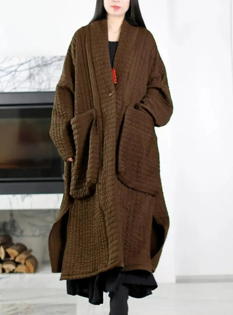 Emma - Plus Size Women Autumn Pure Color V-Neck Padded Long Coat