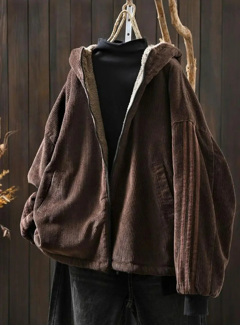 Amelia - Plus Size Women Autumn Retro Pure Color Hooded Fleece Coat