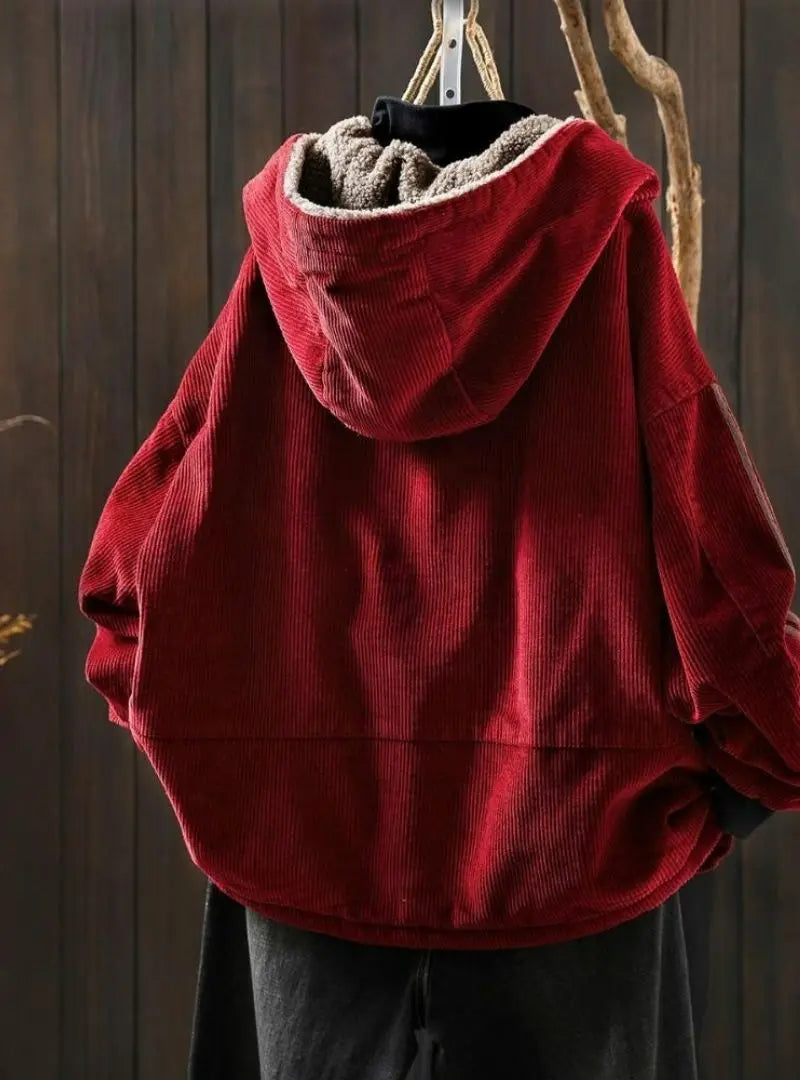 Amelia - Plus Size Women Autumn Retro Pure Color Hooded Fleece Coat