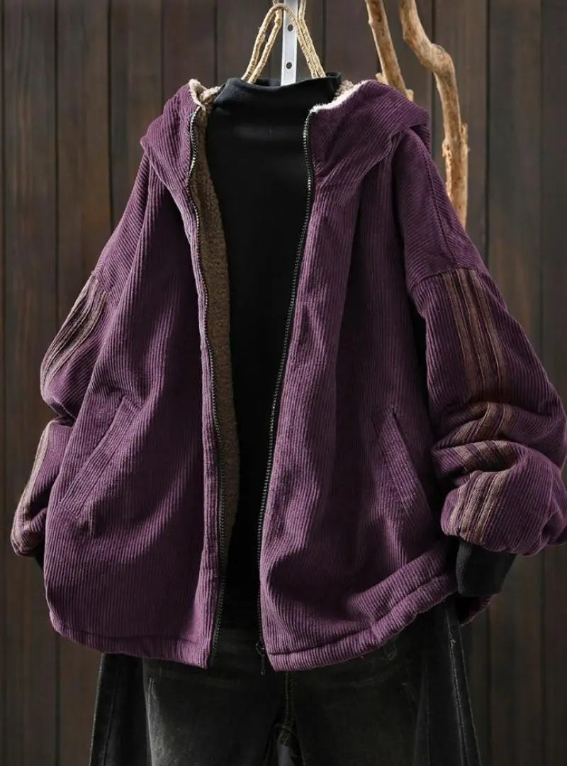 Amelia - Plus Size Women Autumn Retro Pure Color Hooded Fleece Coat