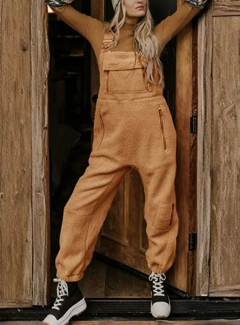 Women's Fleece Thermal Overalls With Zippered Pockets
