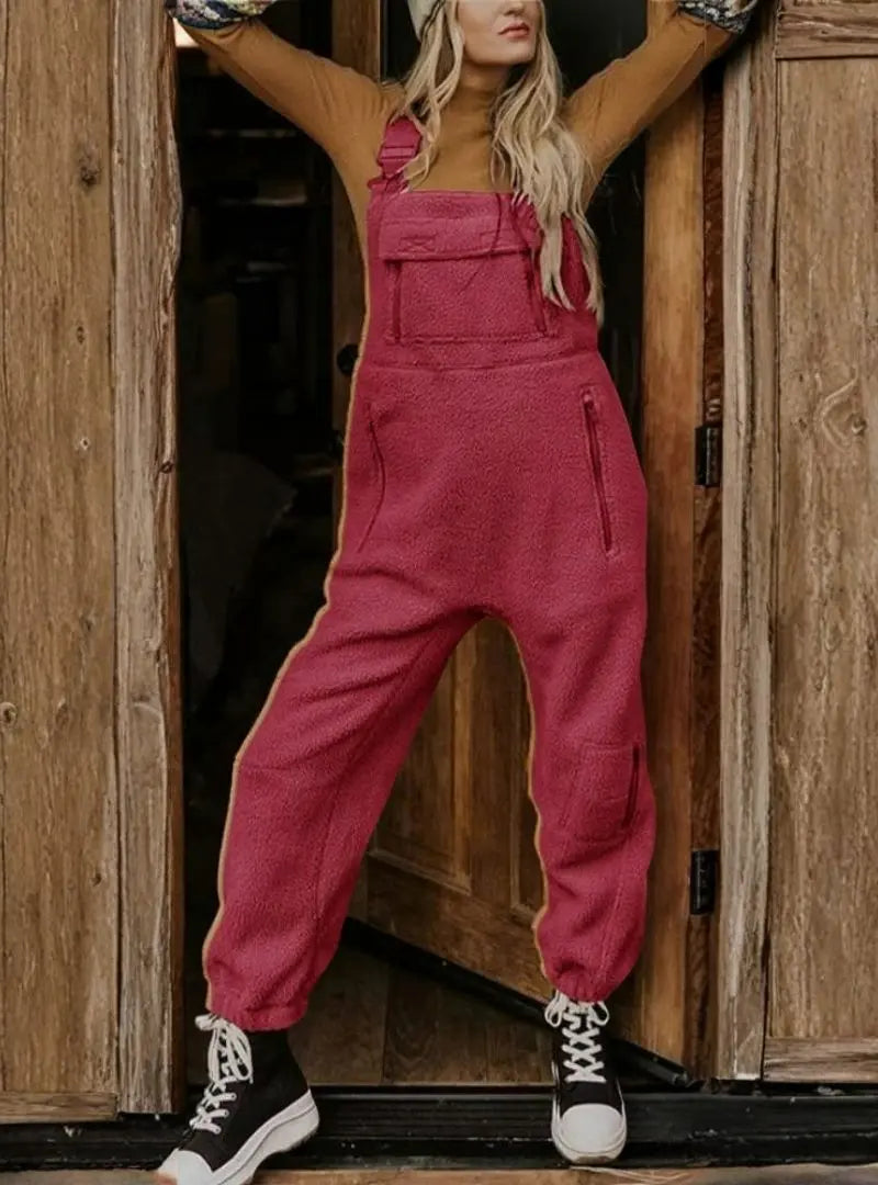 Women's Fleece Thermal Overalls With Zippered Pockets
